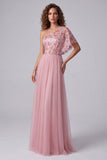 Pink Embroidery Tulle One Shoulder A-Line Long Formal Dress