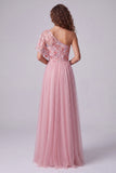Pink Embroidery Tulle One Shoulder A-Line Long Formal Dress