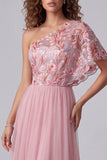 Pink Embroidery Tulle One Shoulder A-Line Long Formal Dress