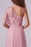 Pink Embroidery Tulle One Shoulder A-Line Long Formal Dress