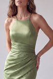 Green Ruched Mermaid Halter Crossed Straps Long Formal Dress
