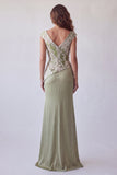 Light Green 3D Floral Mermaid Ruched Cap Sleeves Formal Dress