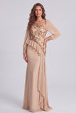 Champagne Sequins Floral Asymmetrical Formal Dress with Side Streamer
