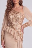 Champagne Sequins Floral Asymmetrical Formal Dress with Side Streamer