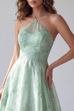 Green Halter Floral A-Line Organza Long Formal Dress
