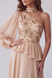 Champagne Asymmtrical Halter Floral Embroidery A-Line Formal Dress