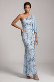 Sky Blue Mermaid One Shoulder Sequins Floral Long Mother of the Bride Dress