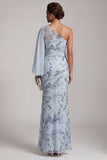 Sky Blue Mermaid One Shoulder Sequins Floral Long Mother of the Bride Dress