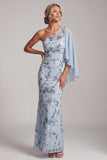 Sky Blue Mermaid One Shoulder Sequins Floral Long Mother of the Bride Dress