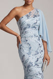 Sky Blue Mermaid One Shoulder Sequins Floral Long Mother of the Bride Dress