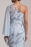 Sky Blue Mermaid One Shoulder Sequins Floral Long Mother of the Bride Dress