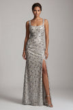 Silver Mermaid Square Neck Beaded Long Mother of the Bride Dress with Slit