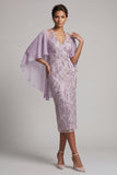 Halter Neck Lilac Bodycon Beaded Floral Midi Mother of the Bride Dress with Cape