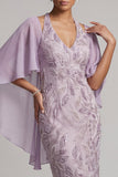 Halter Neck Lilac Bodycon Beaded Floral Midi Mother of the Bride Dress with Cape