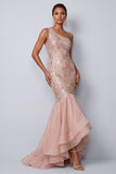 One Shoulder Pink Mermaid Sequins Long Mother of the Bride Dress with Ruffles