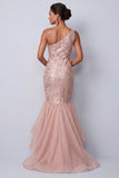 One Shoulder Pink Mermaid Sequins Long Mother of the Bride Dress with Ruffles