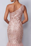 One Shoulder Pink Mermaid Sequins Long Mother of the Bride Dress with Ruffles