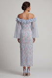 Off the Shoulder Dusty Blue Bodycon Floral Beaded Long Mother of the Bride Dress with Ruffles