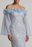Off the Shoulder Dusty Blue Bodycon Floral Beaded Long Mother of the Bride Dress with Ruffles
