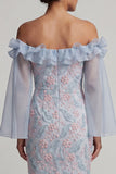 Off the Shoulder Dusty Blue Bodycon Floral Beaded Long Mother of the Bride Dress with Ruffles