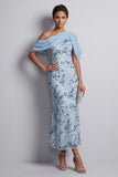 Sky Blue One Shoulder Bodycon Floral Sequins Long Mother of the Bride Dress