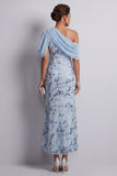Sky Blue One Shoulder Bodycon Floral Sequins Long Mother of the Bride Dress