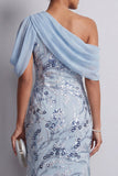Sky Blue One Shoulder Bodycon Floral Sequins Long Mother of the Bride Dress