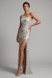 One Shoulder Silver Mermaid Beaded Long Mother of the Bride Dress with Slit