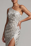 One Shoulder Silver Mermaid Beaded Long Mother of the Bride Dress with Slit