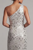 One Shoulder Silver Mermaid Beaded Long Mother of the Bride Dress with Slit