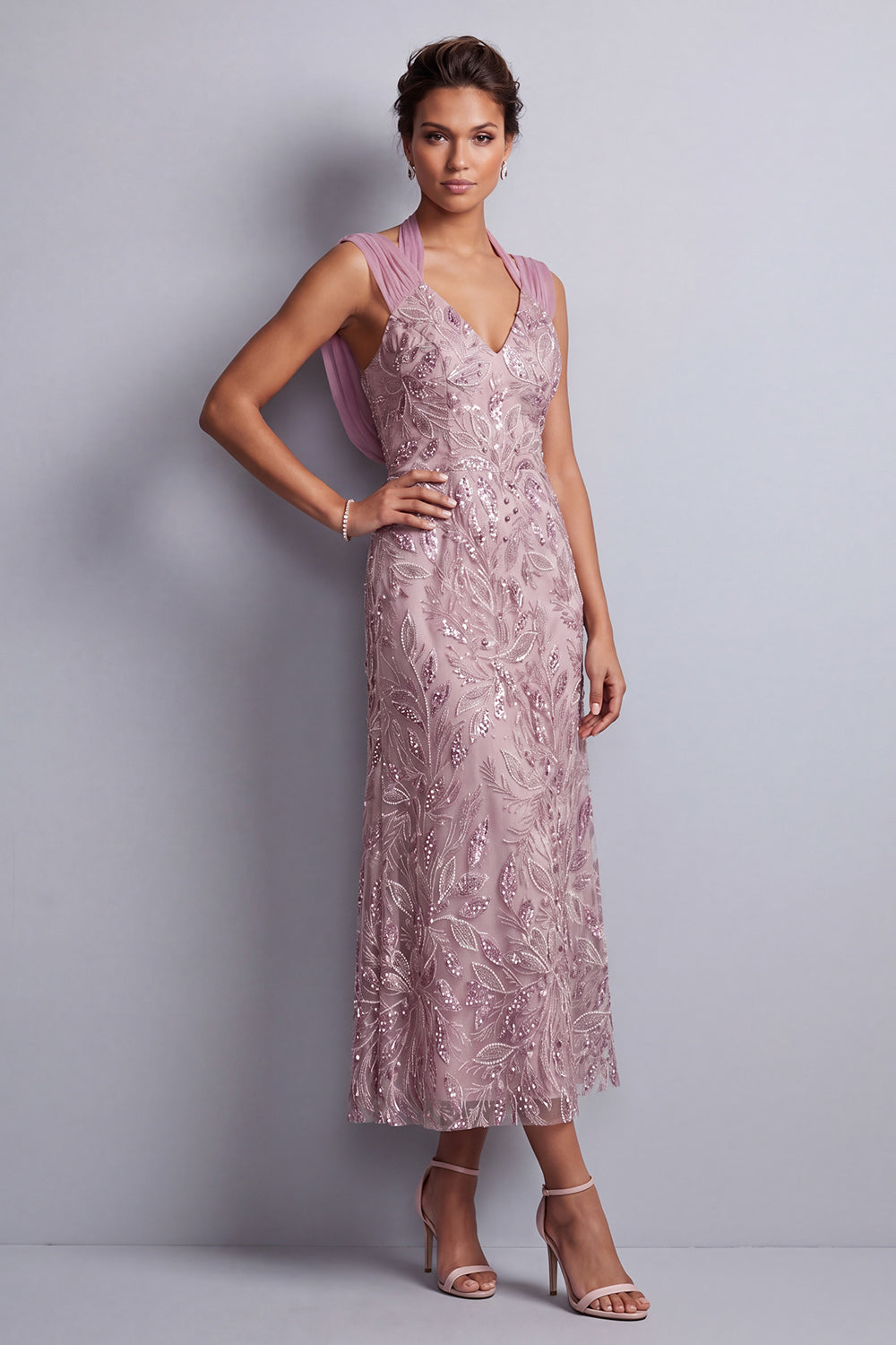 Vintage Mauve Halter Neck Sheath Sequins Floral Long Mother of the Bride Dress