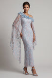 Dusty Blue Floral One Shoulder Bodycon Beaded Ruffled Long Mother of the Bride Dress