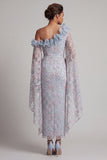 Dusty Blue Floral One Shoulder Bodycon Beaded Ruffled Long Mother of the Bride Dress