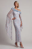 Dusty Blue Floral One Shoulder Bodycon Beaded Ruffled Long Mother of the Bride Dress