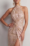 Halter Neck Champagne Mermaid Ruched Sequins Long Mother of the Bride Dress with Slit