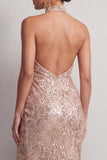 Halter Neck Champagne Mermaid Ruched Sequins Long Mother of the Bride Dress with Slit