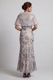 Silver Mermaid Floral V-Neck Sequins Long Mother of the Bride Dress with Cape