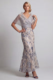Silver Mermaid Floral V-Neck Sequins Long Mother of the Bride Dress with Cape