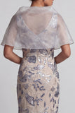 Silver Mermaid Floral V-Neck Sequins Long Mother of the Bride Dress with Cape