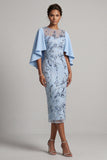 Bodycon Sky Blue Round Neck Sequins Floral Mother of the Bride Dress with Cape Sleeves