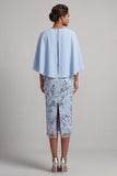 Bodycon Sky Blue Round Neck Sequins Floral Mother of the Bride Dress with Cape Sleeves