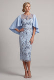 Bodycon Sky Blue Round Neck Sequins Floral Mother of the Bride Dress with Cape Sleeves