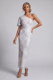 White Floral Sequins Bodycon One Shoulder Long Mother of the Bride Dress