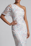 White Floral Sequins Bodycon One Shoulder Long Mother of the Bride Dress