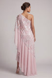 Pink One Shoulder Sheath Sequins Ruffled Long Mother of the Bride Dress with Beading