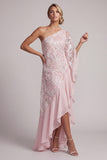Pink One Shoulder Sheath Sequins Ruffled Long Mother of the Bride Dress with Beading