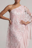 Pink One Shoulder Sheath Sequins Ruffled Long Mother of the Bride Dress with Beading