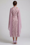 Fog Halter Neck Sequins A-Line Floral Midi Mother of the Bride Dress with Cape Sleeves