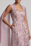 Fog Halter Neck Sequins A-Line Floral Midi Mother of the Bride Dress with Cape Sleeves