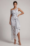 One Shoulder Light Grey Sequins Mermaid Asymmetrical Floral Mother of the Bride Dress with Sash